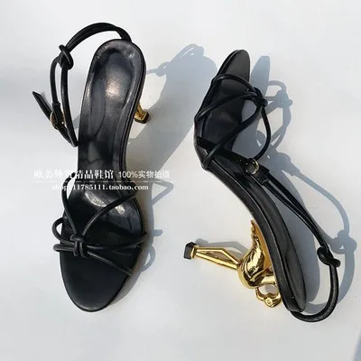 Ladies Spring Flamingo Heel Unique Heel Sandals Fashion Sexy High Heels Plus Size  Shoes Gold Black Mix Color Buckle  Sandals 43