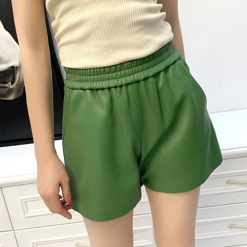 Lady Fashion Short Pants With Belt Women's Autumn Genuine Sheepskin Leather Pants Elastic Waist 4 Colors Sexy TF3920