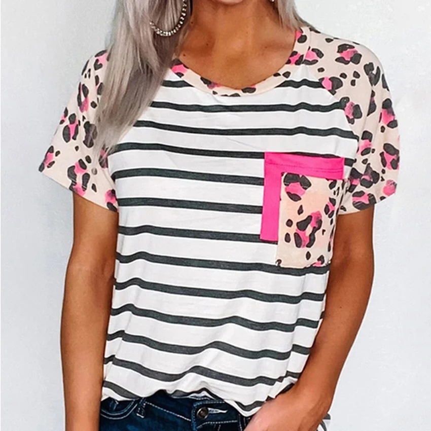 

Leopard Striped T-shirt Summer O-neck Short Sleeve 2020 Women Casual Tops Tee Shirts Female Raglan sleeve Top Lady Streetwear