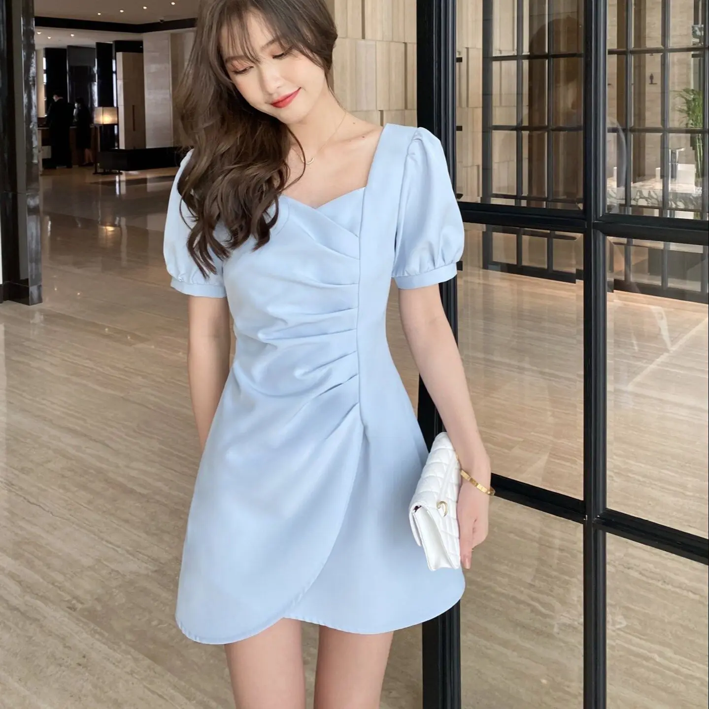 

Women's 2021 summer short skirt temperament wrinkle high temperature shaping short sleeve square collar solid color A-line dress