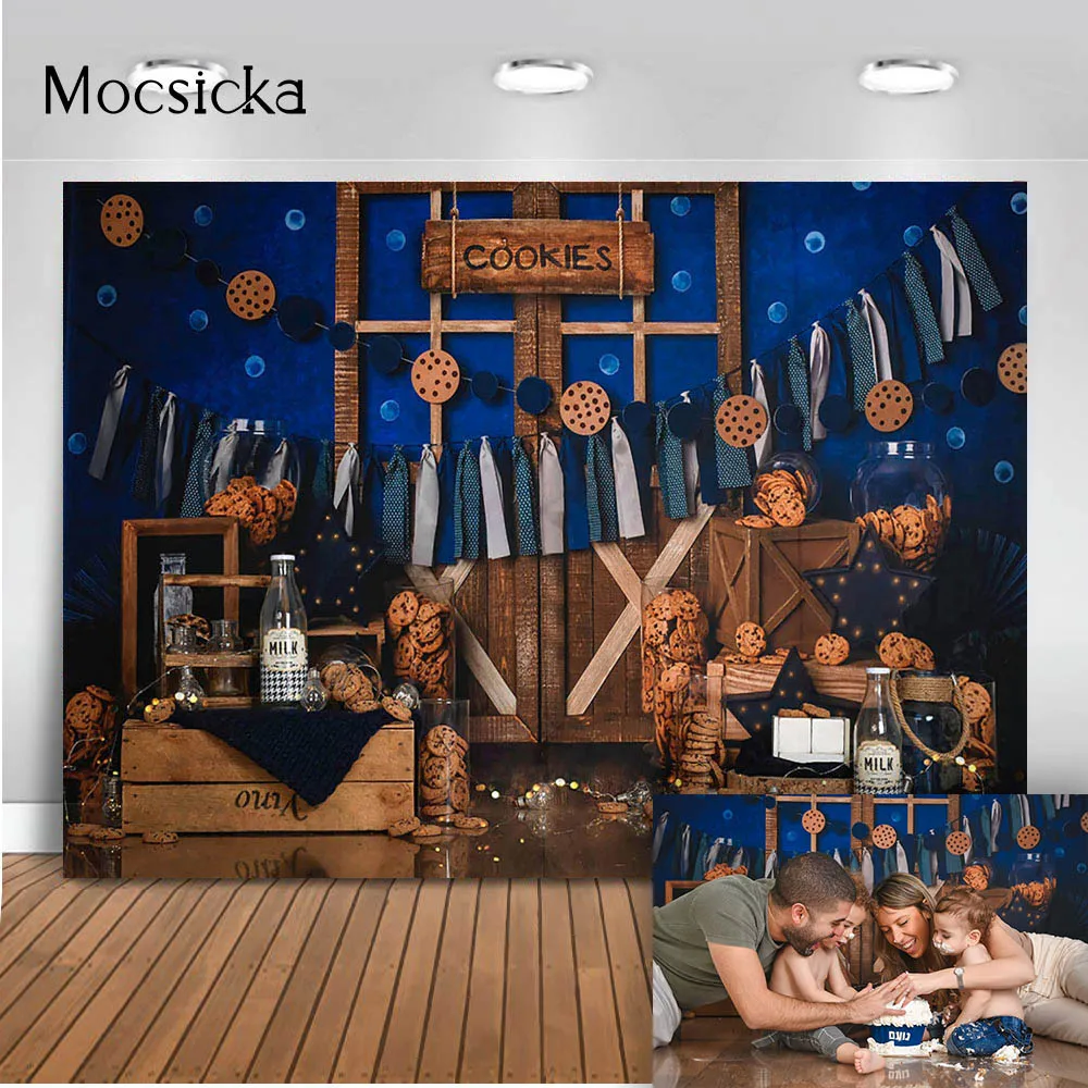 

Фон для фотосъемки с изображением молочного печенья голубого торта разбивных фонов дети первый день рождения вечерние сессия дети портрет ...