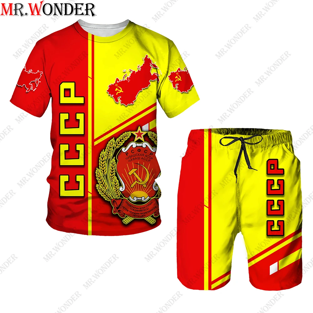 

Mr.Wonder Men’s 3D Tracksuits CCCP Russian T-shirt Suits Men USSR Soviet Union Short Sleeve T Shirts short Moscow sportswear Set