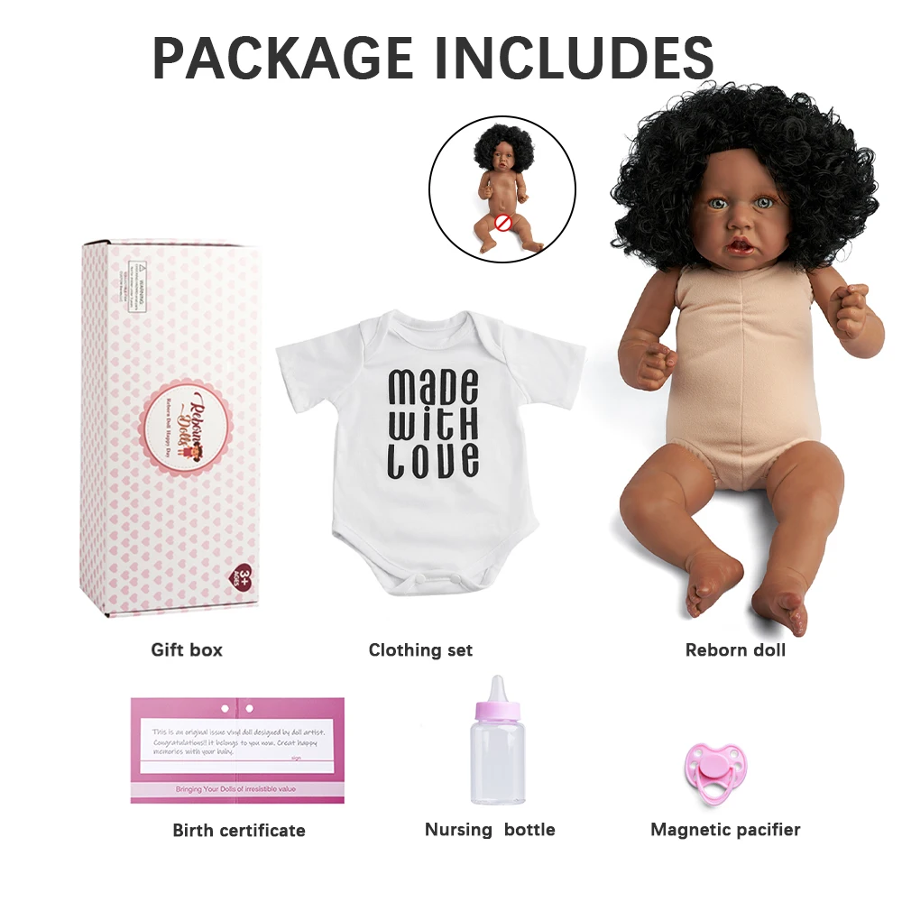 

RSG black realistic baby dolls 22 Inches Lifelike Newborn Sweet Afro African American Baby Vinyl bebes Reborn Doll Gift Toy