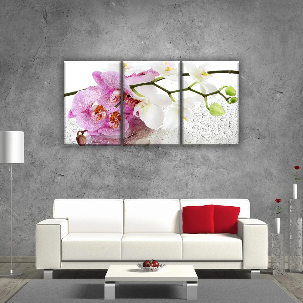 Орхидея с каплями цветы ветка орхидеи. Модульная картина на холсте 3 модуля