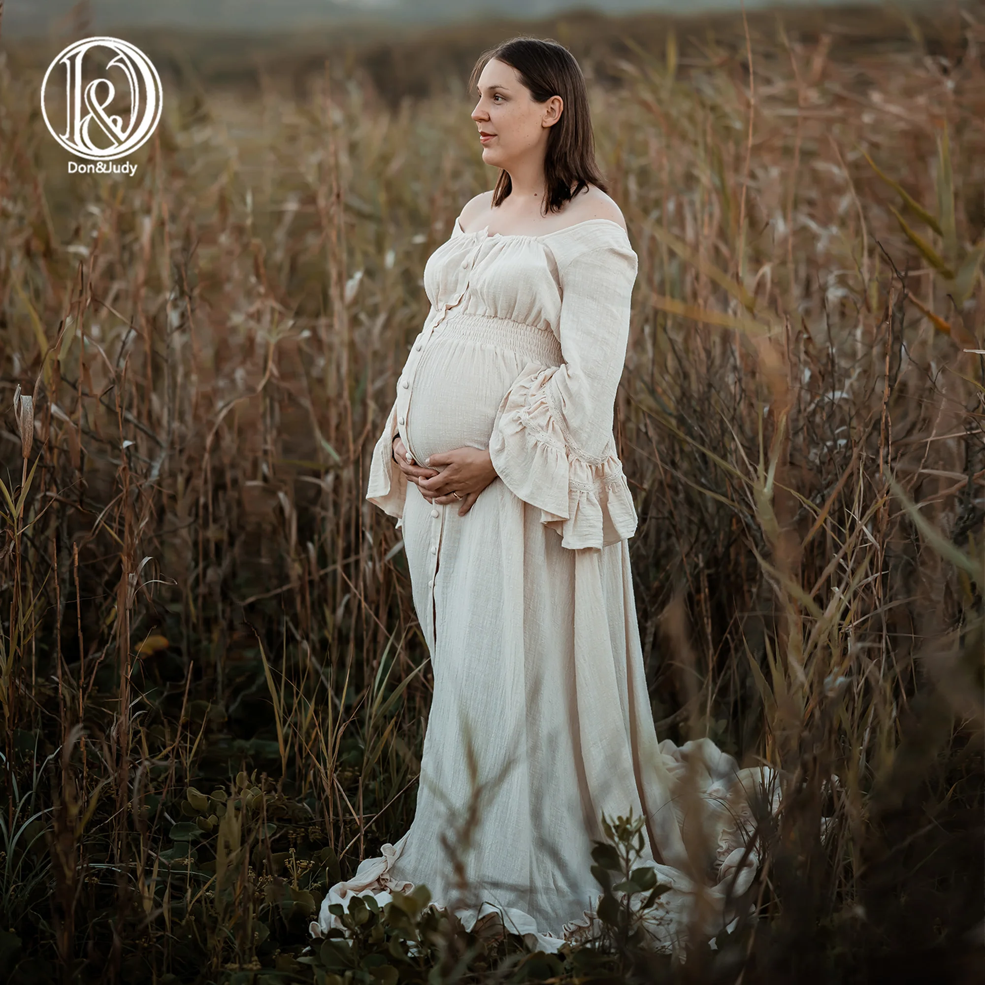 Don&Judy Maternity Dress Photoshoot Boho Maxi Woman Gown Baby Shower Bohemian Linen Ruffle Sleeves Pregnancy Photography Robe