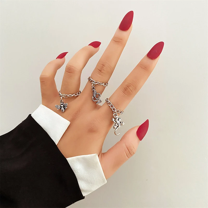 

3pcs/set Punk Snake Ring for Women Vintage Lizard Bee Animal Silver Color Pandent Metal Finger Rings Set Girl Jewelry Sets Gifts