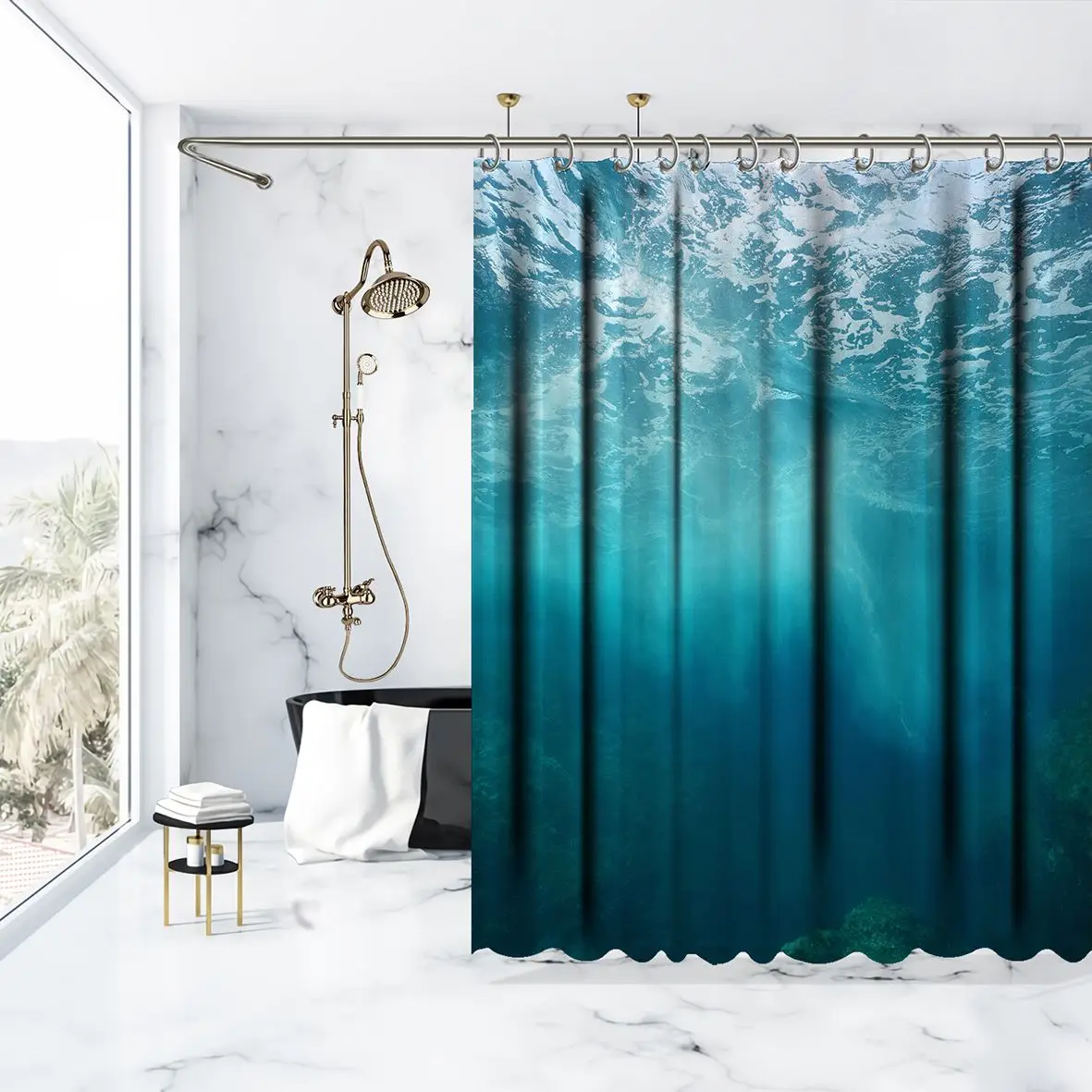 Занавеска для душа волна ломающаяся на скале вид под водой Средиземноморское