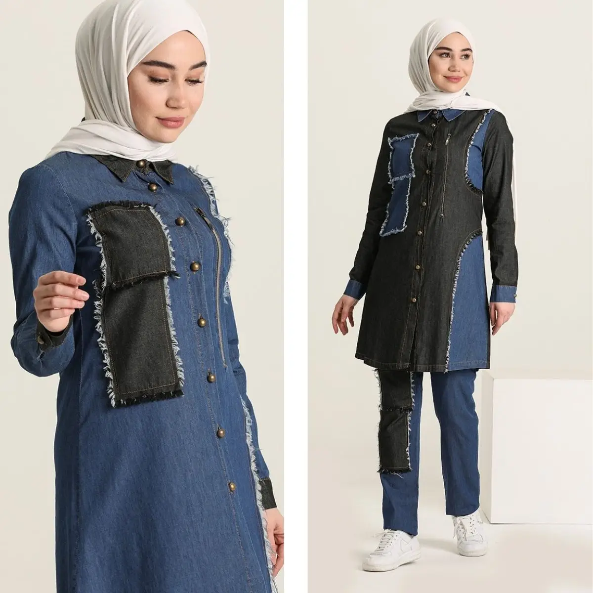 Zipper Detailed Combination Ramadan Eid Mubarak Denim Seasona lButtoned Women Muslim Fashion Hijab Clothing  Seasonal Abaya Suit