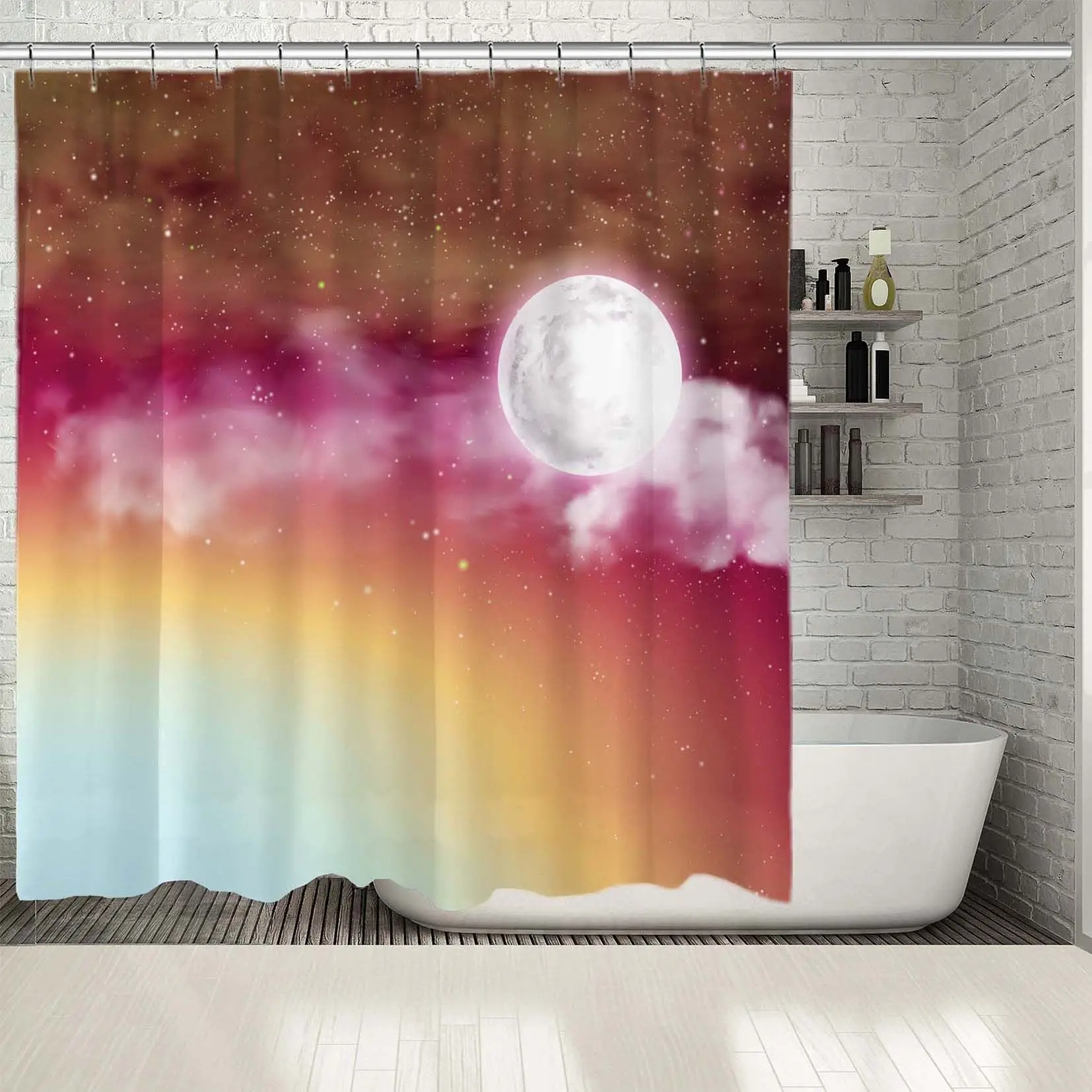 

Shower Curtain Full Moon Clouds Shining Stars Fantasy Night Sky with Moonlight Scenery Brown Pink Orange White