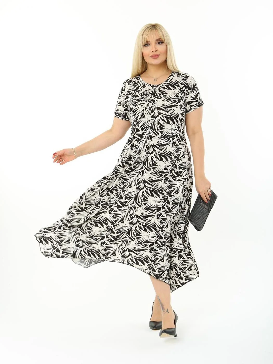 Plus Size Women Clothing 2022 Casual Asymmetrical Dressing Palm Tree Leaves Ankle-Length Lycra Knitted Viscose Made in Turkey