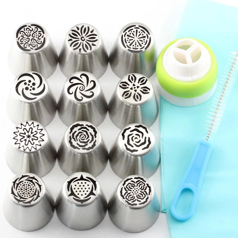 

15PCS Russian Icing Piping Nozzles Tulip Stainless Steel Rose Flower Cream Pastry Tips Bag Coupler Cupcake Cake Decorating Tools