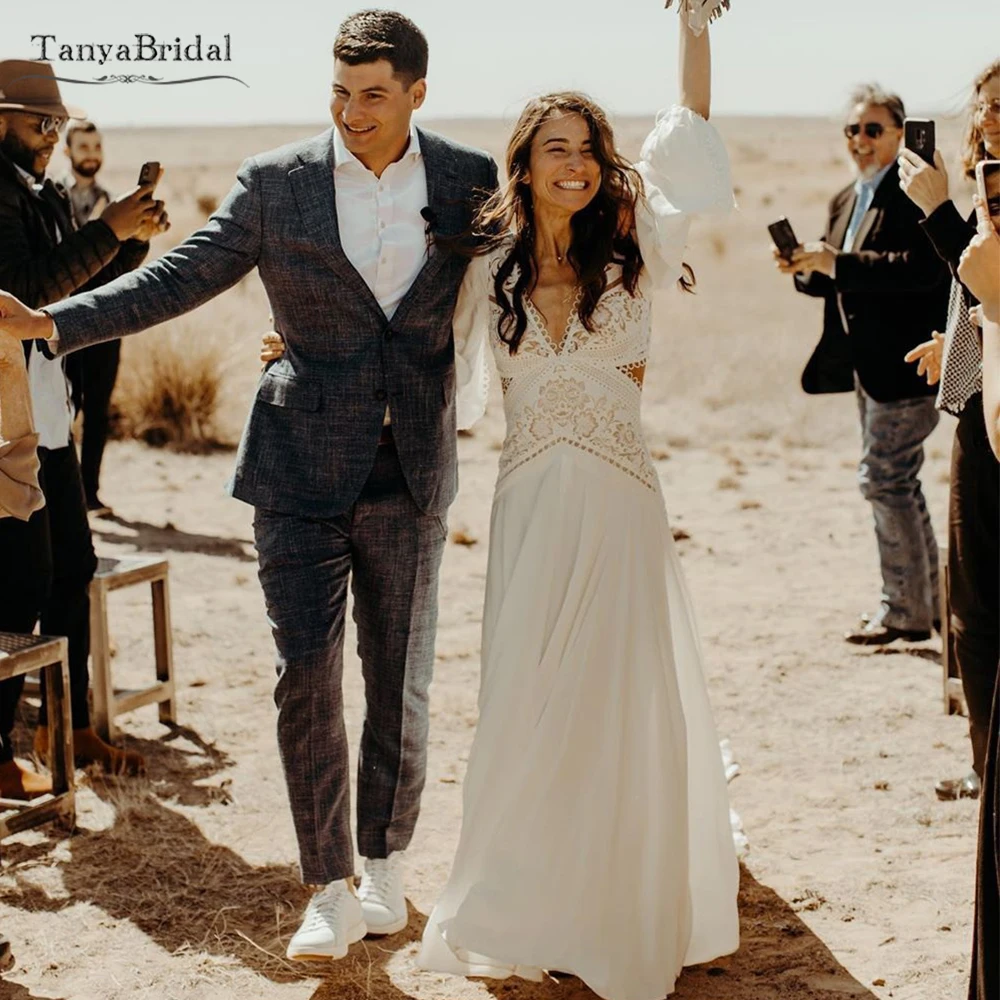 Богемные Свадебные платья с длинным рукавом и глубоким V-образным вырезом |