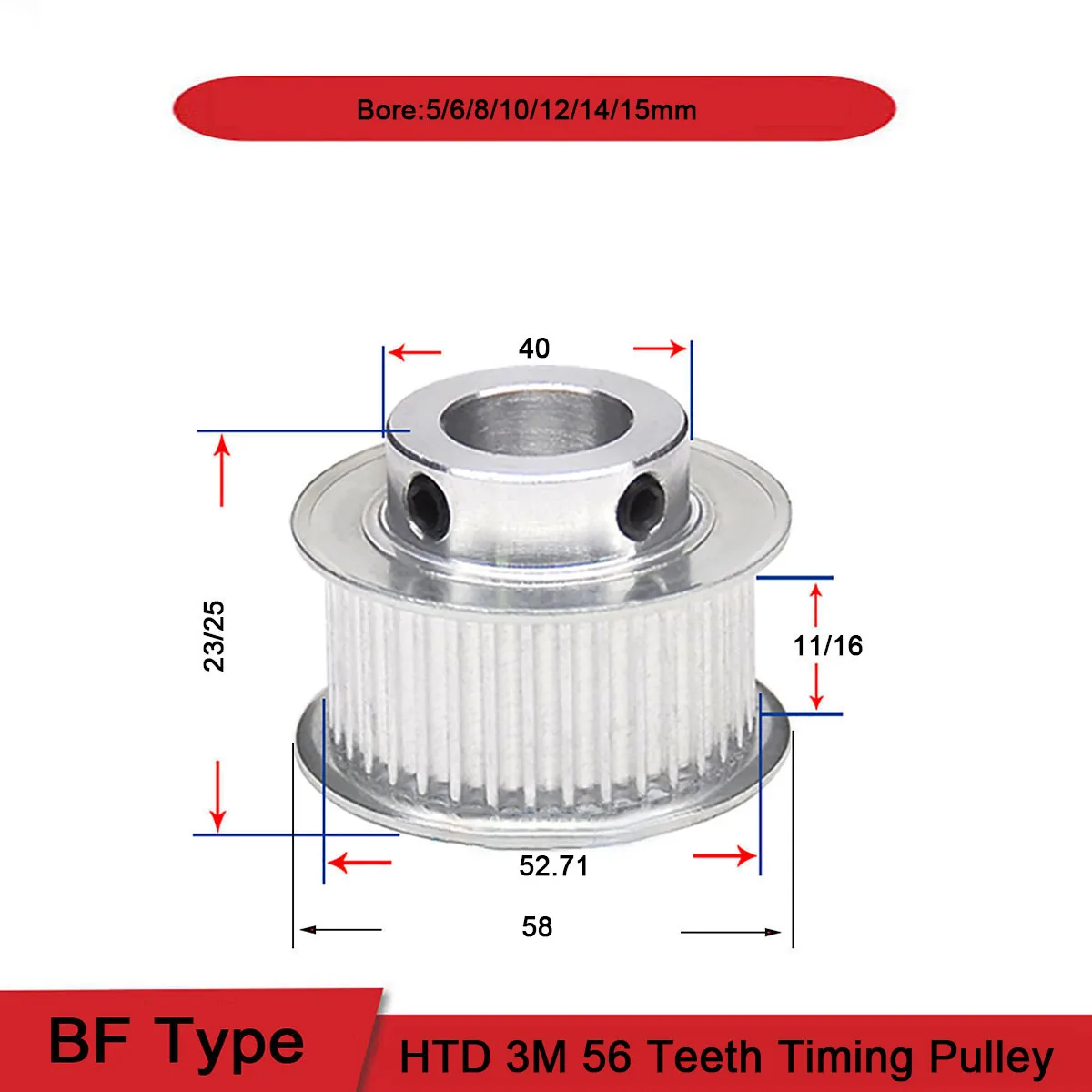 

1Pcs 56 Teeth HTD 3M BF Type Synchronus Wheel Idler Pulley Bore 5 - 15mm Aluminium Timing Pulley Width 11 16mm