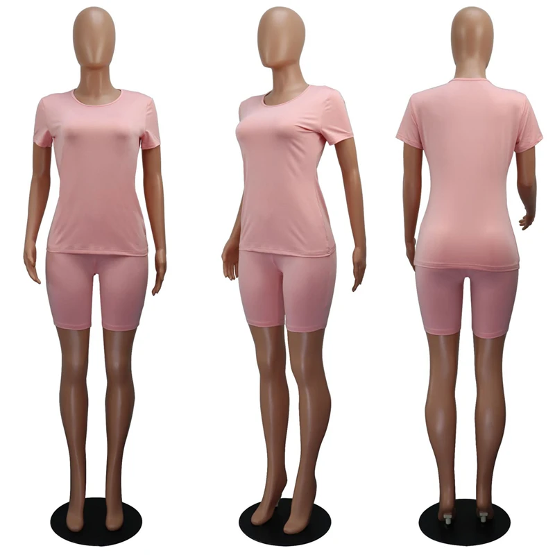 

Women Casual Solid Color Sexy Sports Suit Female Short Sleeve Top + Shorts Outfit Workout Clothes Tracksuit Outfits Sportswear