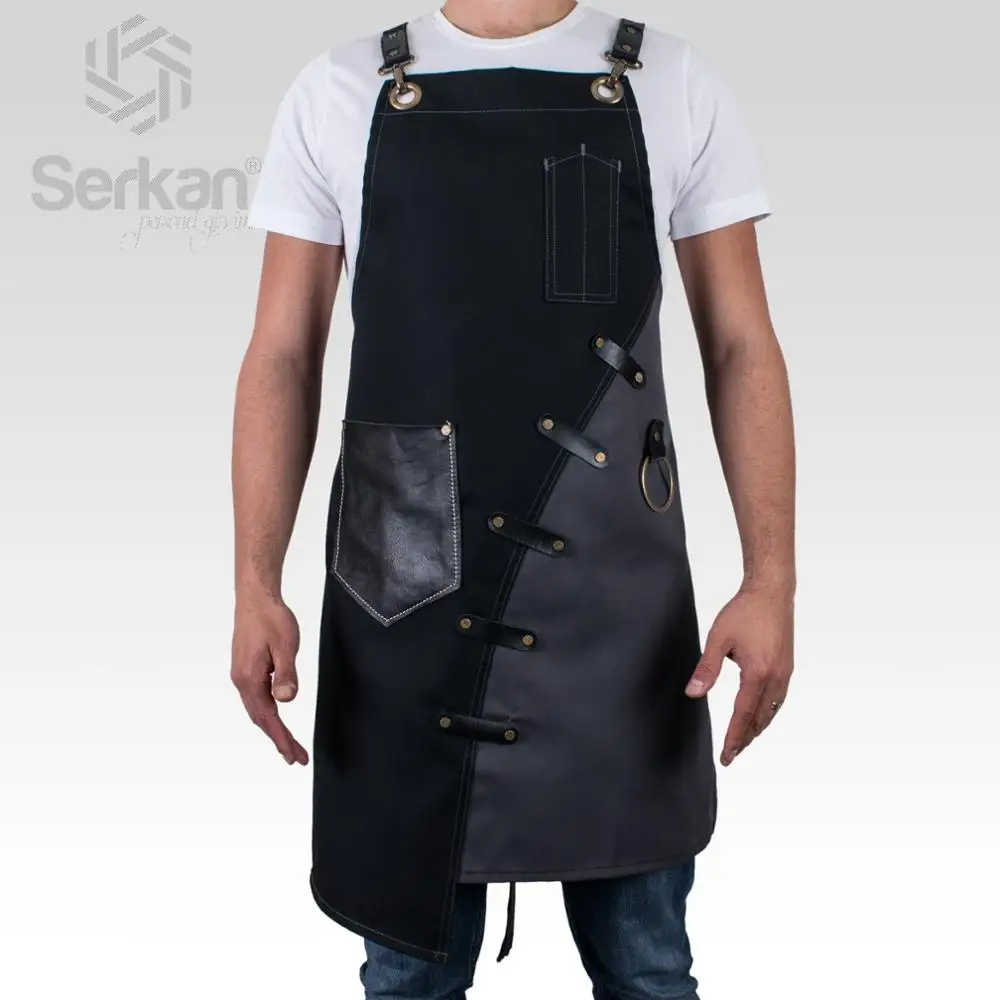 Men Unisex Apron Bib Chef Kitchen Apron Barista Apron Bartender Coffee Restaurant Cooking Apron with Pockets
