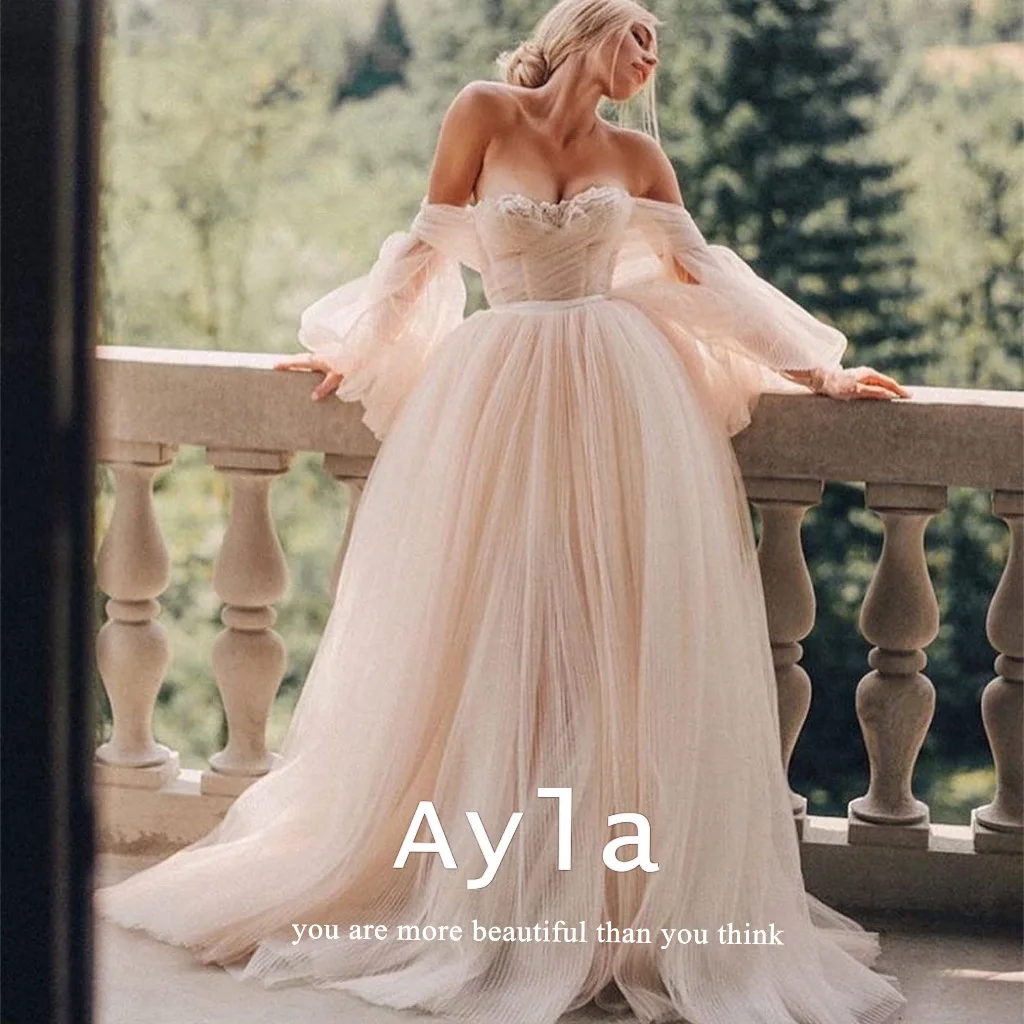 

Romantic French Wedding Dress With Lace A-line Bride Dress Puffy Sleeves Bridal Gown Light Pink Bride Robe Vestidos De Boda