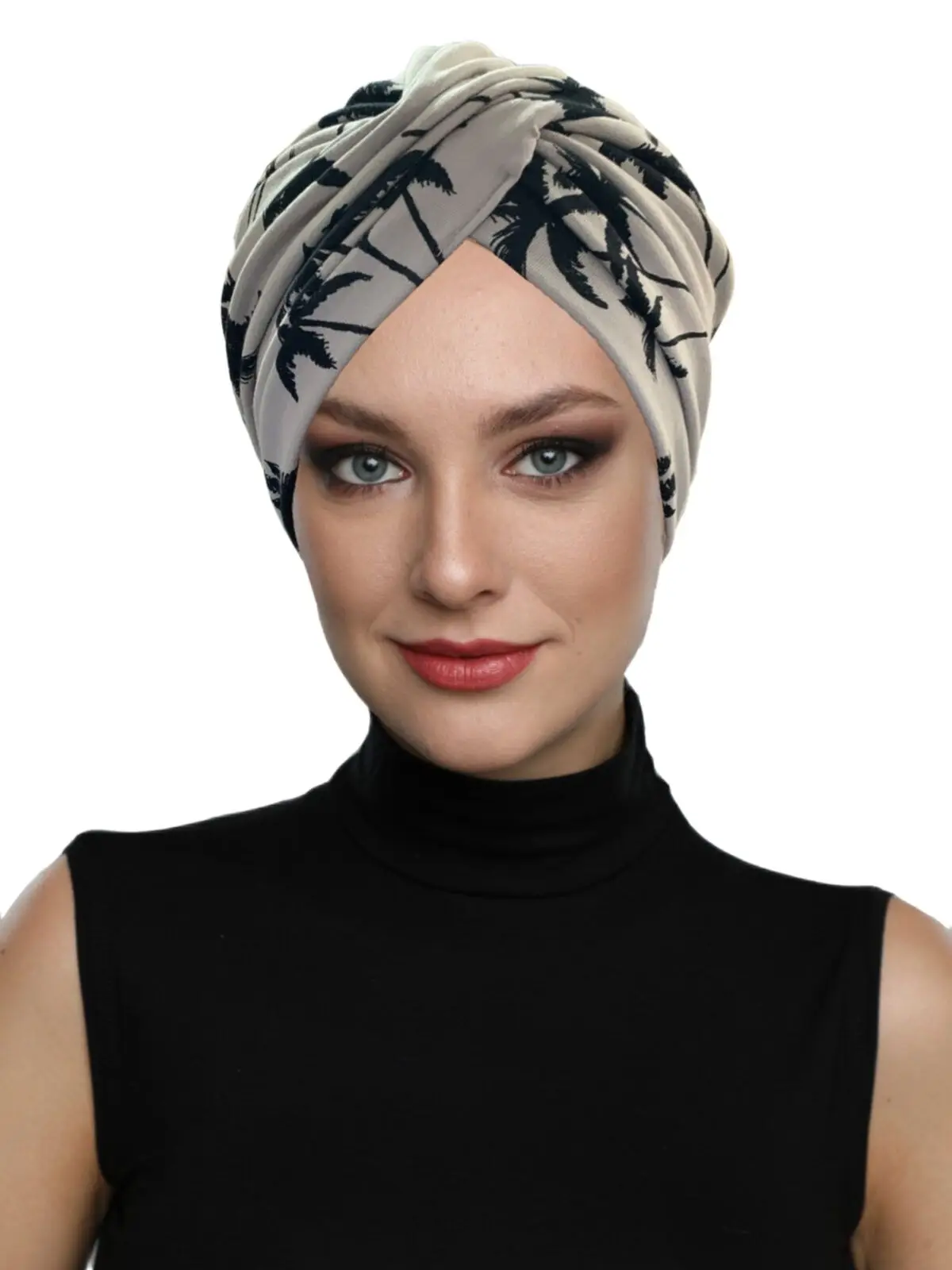 

Patterned Cross Combed Palm Pattern Beige Pool Cap Ready Turban Hijab Style Women Muslim soft African Head Band