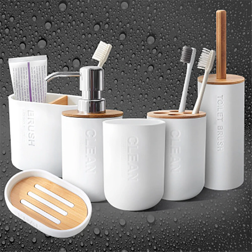 Simple Household Bath Room Supply Bamboo Soap Dish Gel Dispenser Toothbrush Holder Soap Rack 5pcs/Pack Bathroom Accessories Set