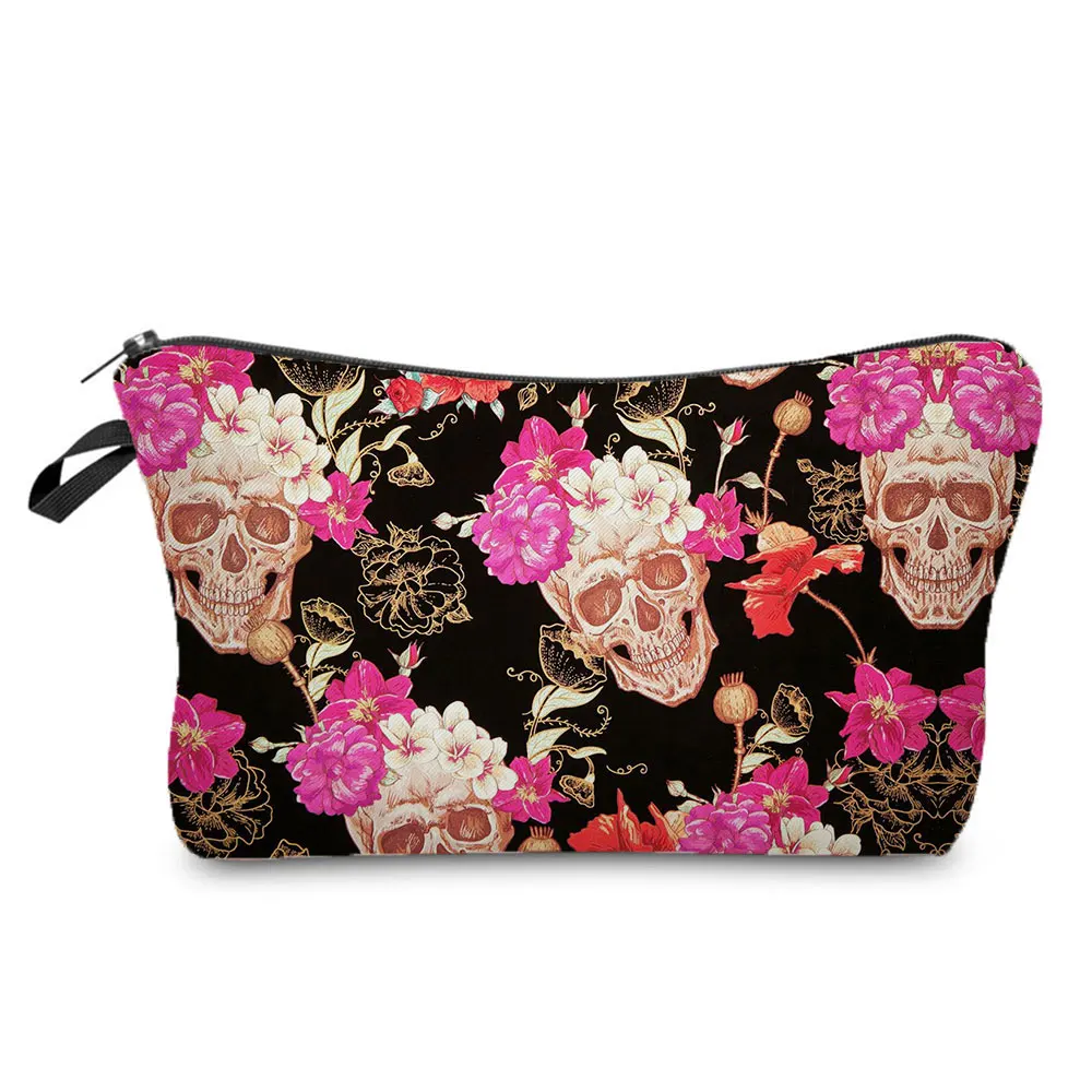 

Death Floral Skull Printed Black Makeup Bag New Cool Small Toiletry Bag Halloween Candy Bag Hot Sale High Quality Storage Bags