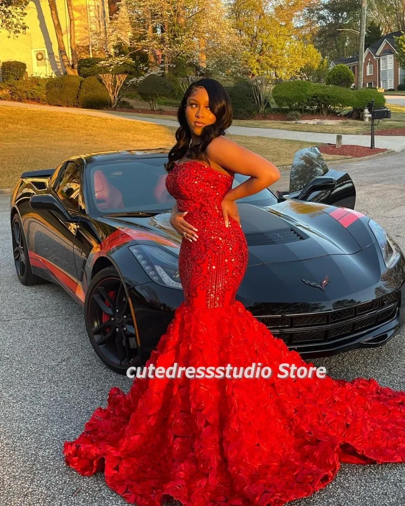 

Sexy Red Mermaid Prom Dresses Sequin Applique Rose Train Strapless Black Grils Party Gowns Evening Wear