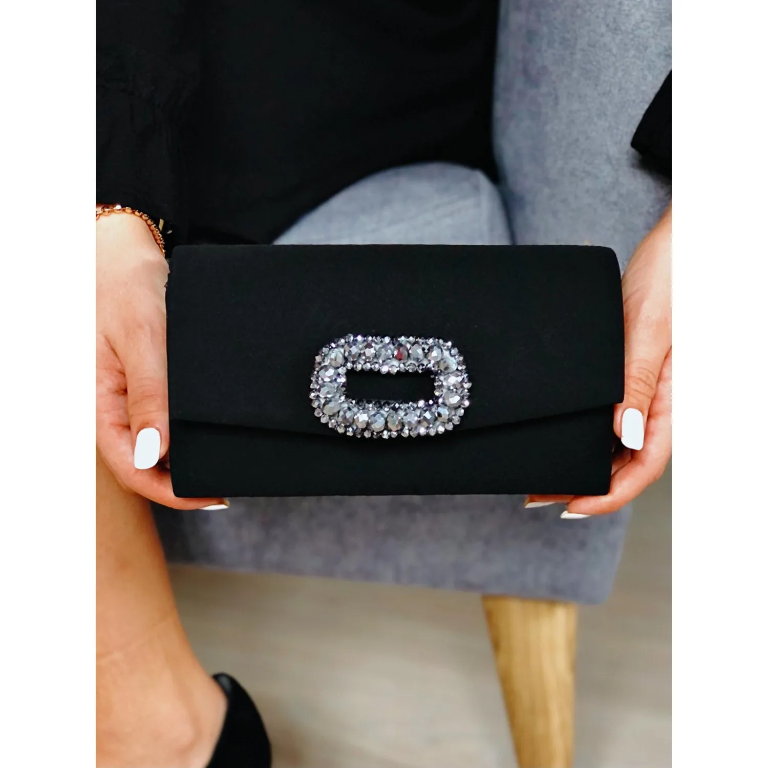 

Black Suede Platinum Cubic Zirconia Portfolio New Season modern design luxury chain strap stone detail elegant wedding party evening women's handbag