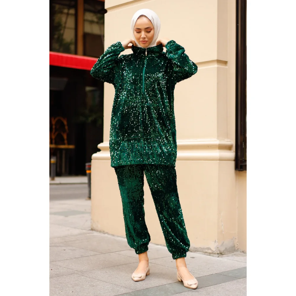 

Front Zippered Side Pockets Sequin Bottom Top Suit Muslim Islamic Trend Fashion muslim dress women abaya kaftan modest dress aba