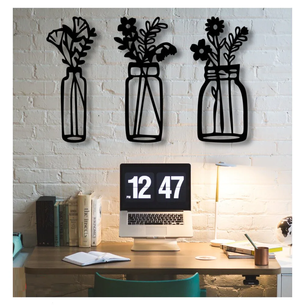 Деревянные настенные художественные украшения Ваза для цветов 3 шт. Черный цвет