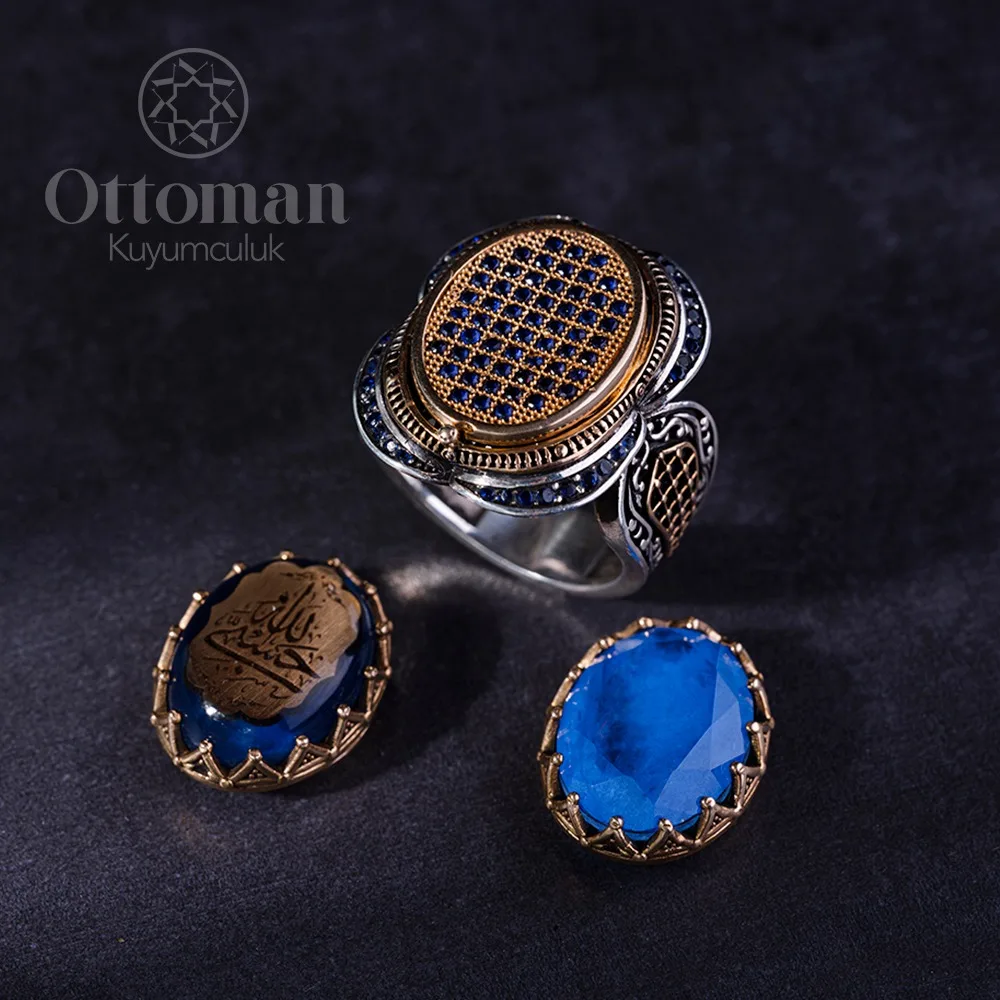 Hasbi Allah-Silberne Blaue Bernstein-Stein-Männer-Ring-3-Kopf-Wechselnde Kopfbedeckungen Mit Einem Körper İslamic Gifts For Him