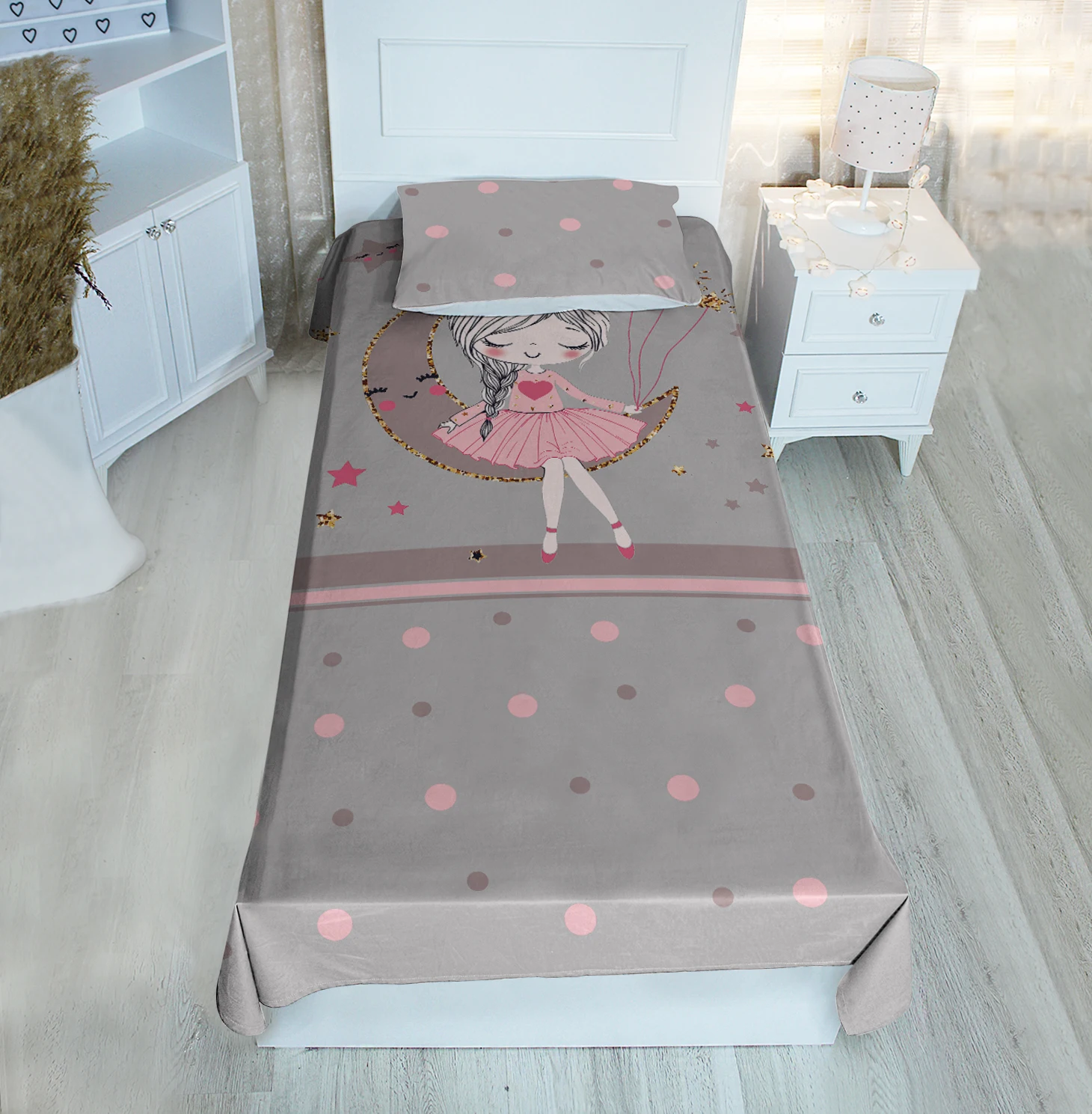 

Grey single bed cover Moon Star balloon Princess patterned velvet fabric Free Shipping quality product kids room decoration baby