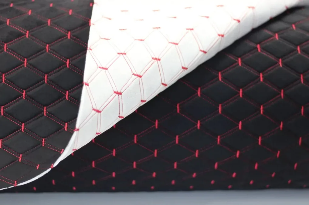 Velour on поролоне for beam waist seat in the car 3mm stitch rhombus black/red 50 x150cm | Fabric