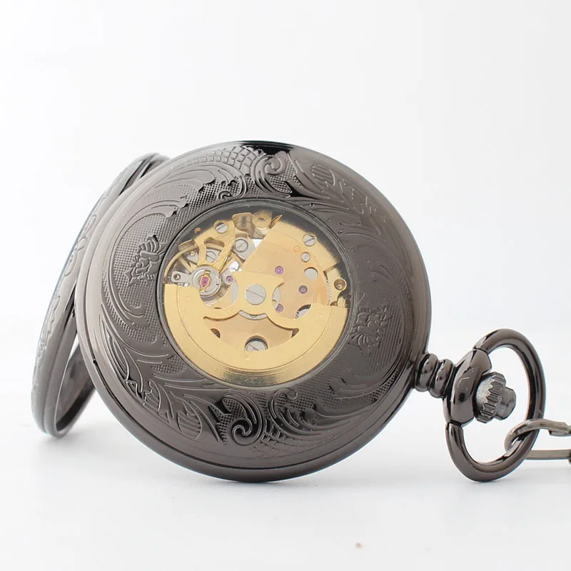 Tungsten Steel Black Fashion Pocket Watches Mechanical Automatic Skeleton Steampunk Pocket&Fob Chain Watches карманные часы