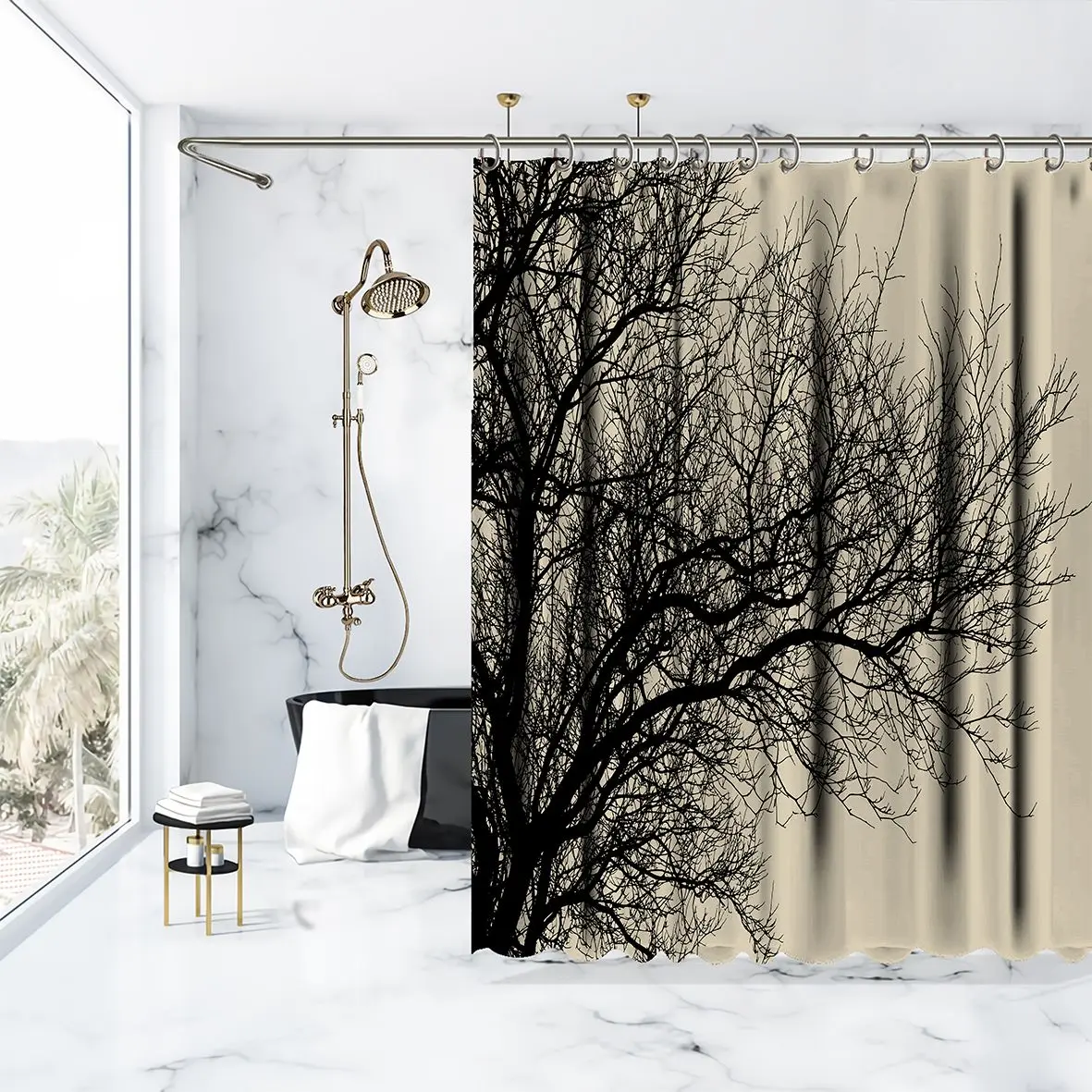 Штора для душа из кожи ветви дерева зимний уличный силуэт природа пейзаж бежевый