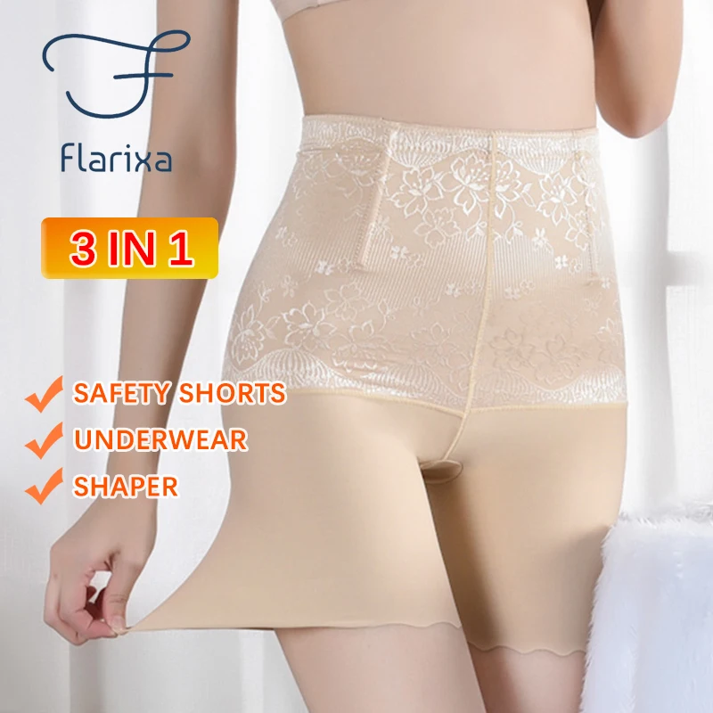 

Flarixa 3 in 1 Safety Shorts Flat Belly Seamless Women's Panties High Waist Boxers Plus Size Hip Lift Shaping Shaper Underwear