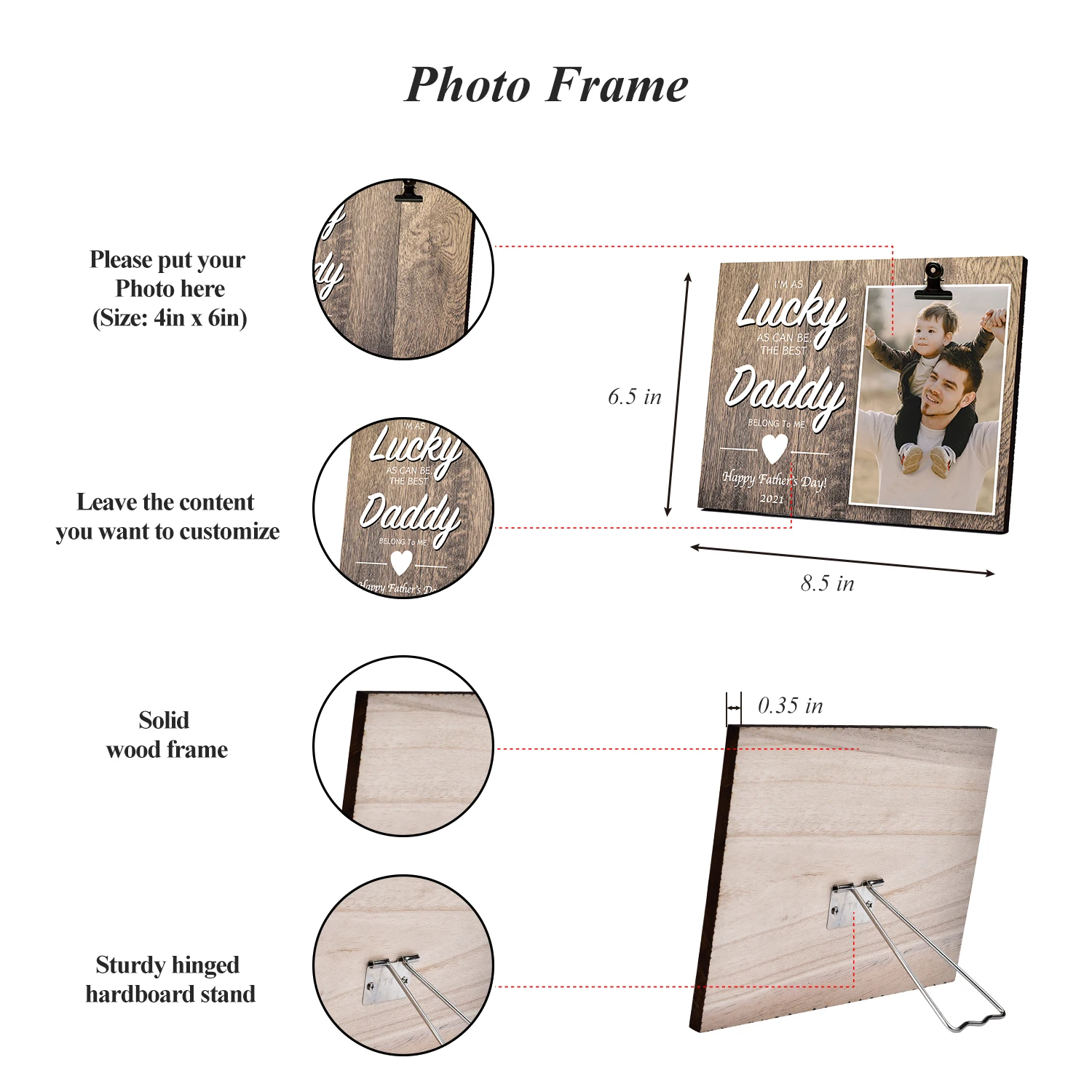 

Customizable Wood Dad Picture Frame Father's Day Gifts Dad Birthday Gift Holds 4x6 inch Wooden Tabletop Photo Picture Frame