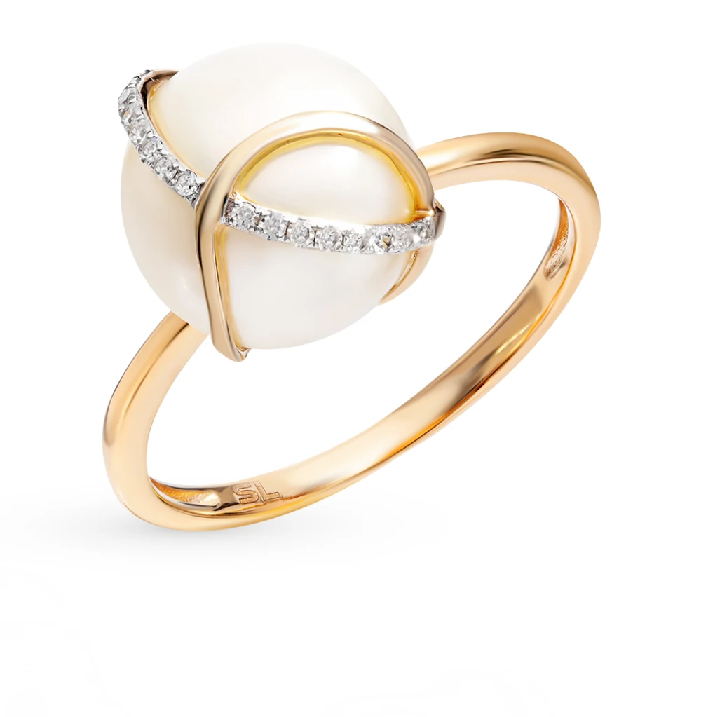 Золотое кольцо с жемчугом и бриллиантами SUNLIGHT проба 585|Кольца| |