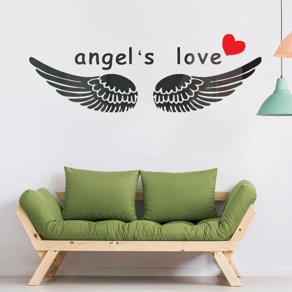 

Large Size 3d Black Spread Wings Angel Love Shape Acrylic Mirror Wall Stickers Living Room Bedroom Creative Home Decoration