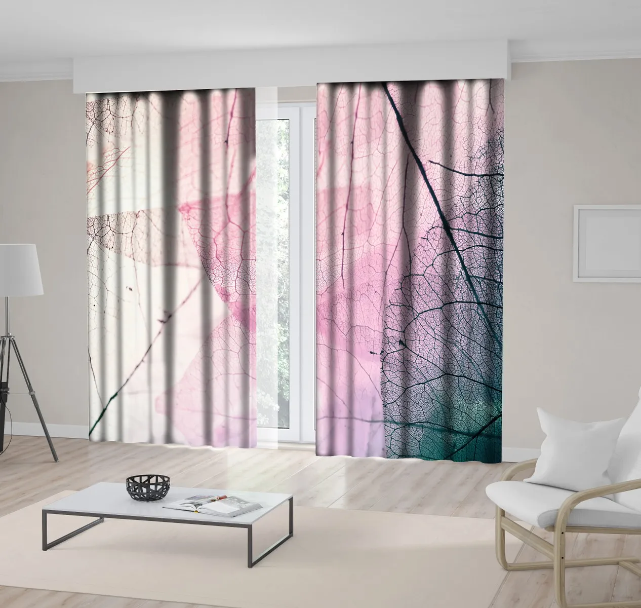

Curtain Transparent Leaves Delicate Artful Autumn Nature Floral Photo Printed Green Pink Beige