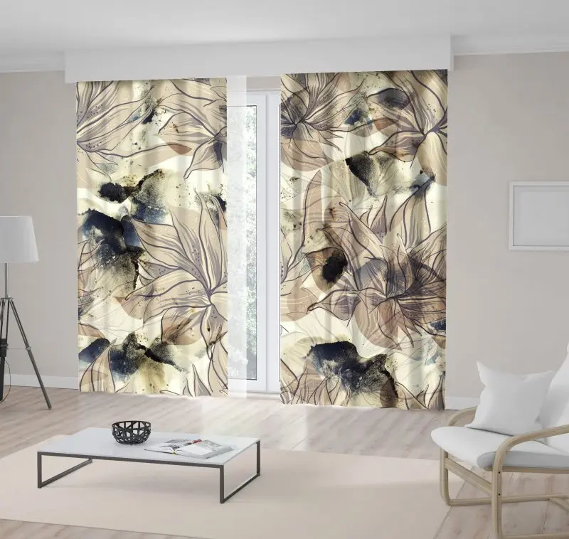 

Curtain Flowers Pattern in Monochromic Oriental Asian Style Artwork Printed Beige Black