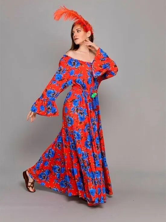 

Tasseled Madonna Collar Blue Tulip Pattern Long Boho Dress 2021 New Fashion Bohemian Style Authentic Women's Clothing