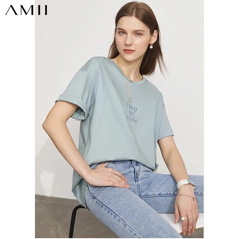 

Amii Minimalism Summer New Women's Tshirt Fashion Letter Embroidery Oneck Loose Female Tshirt Causal Women's Tshirt 12120210