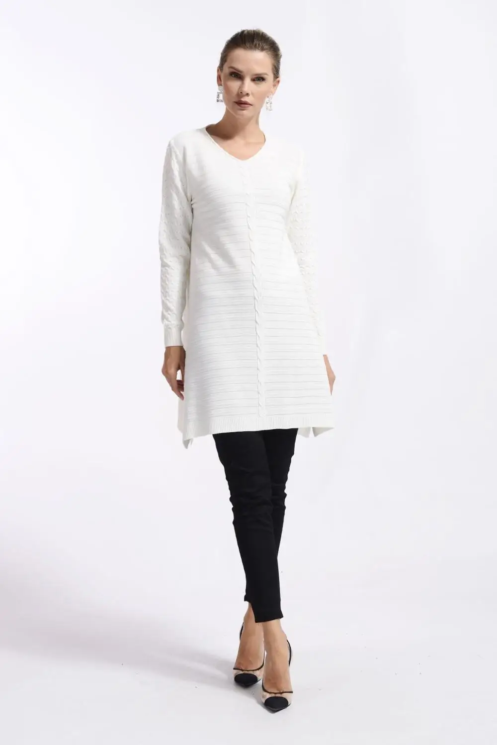 

Nefise 2020 Women Fashion Knitted Crew Neck Long Sweater Tunic For Winter -Autumn- Pink-White-Ecru