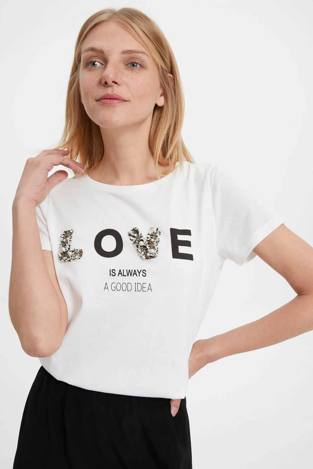 DeFacto женские летние белые хлопковые футболки повседневные с надписью Love Decors