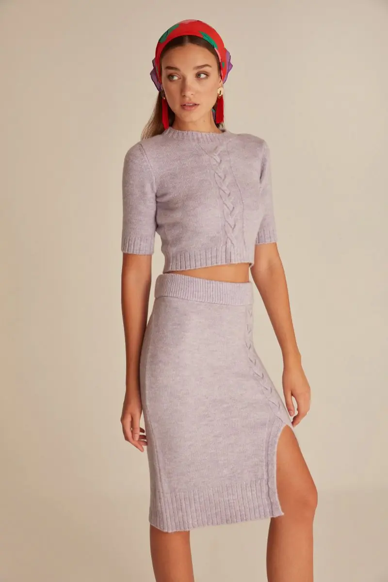 Joinus Cable Knitted Skirt With Slit Detail Woman Lilac