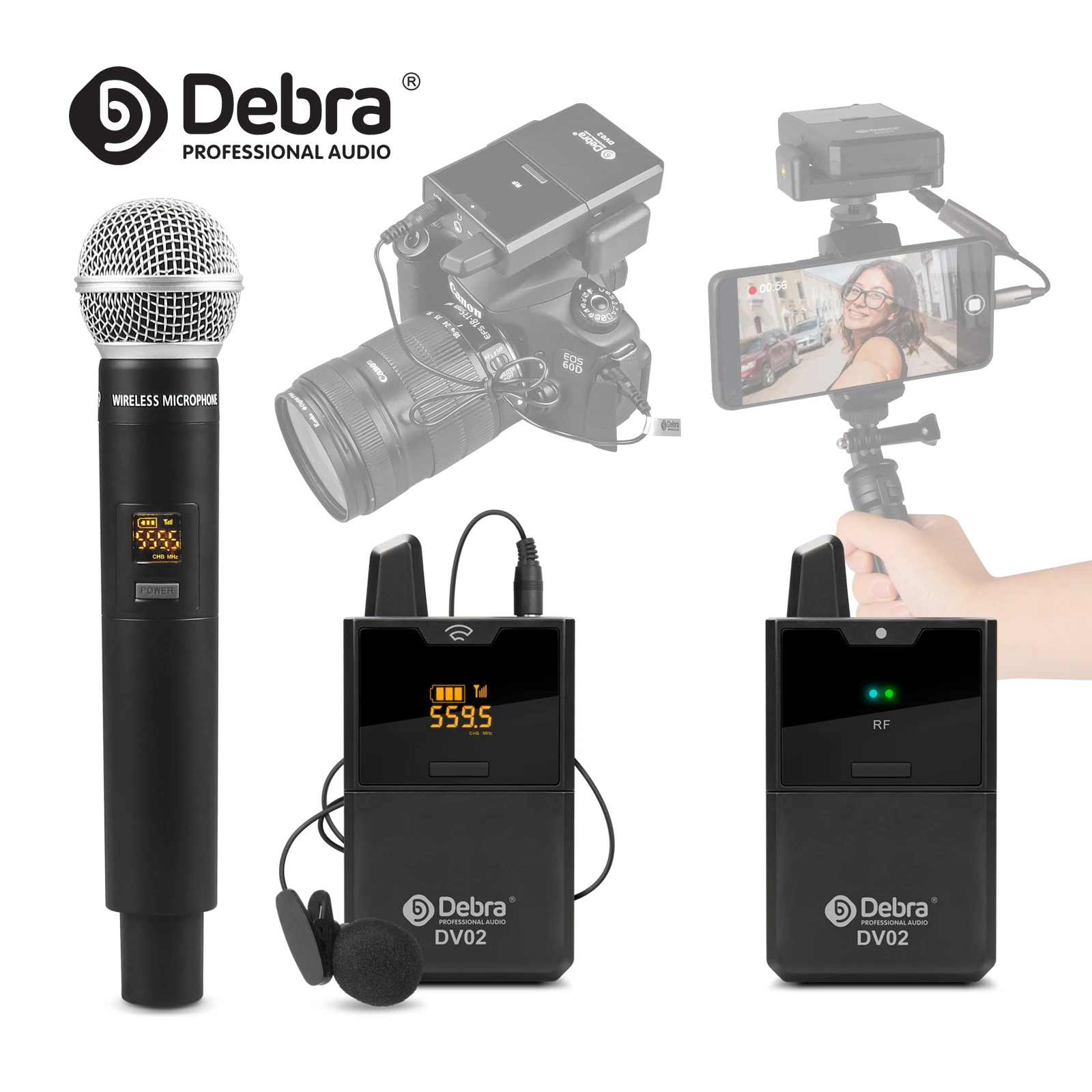 Debra DV UHF Wireless Lavalier/Handheld Microphone with Audio Monitor 50M Range For Phones DSLR Cameras Live Recording Interview