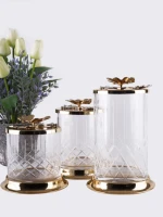 3 piece kitchen organizer rice flour storage cracked glass design gold colour butterfly details metal home accessories