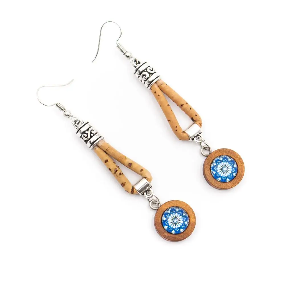 Natural cork with round wood pendant women earrings Original handmade ladies earrings-ER-105-MIX-5 | Украшения и аксессуары