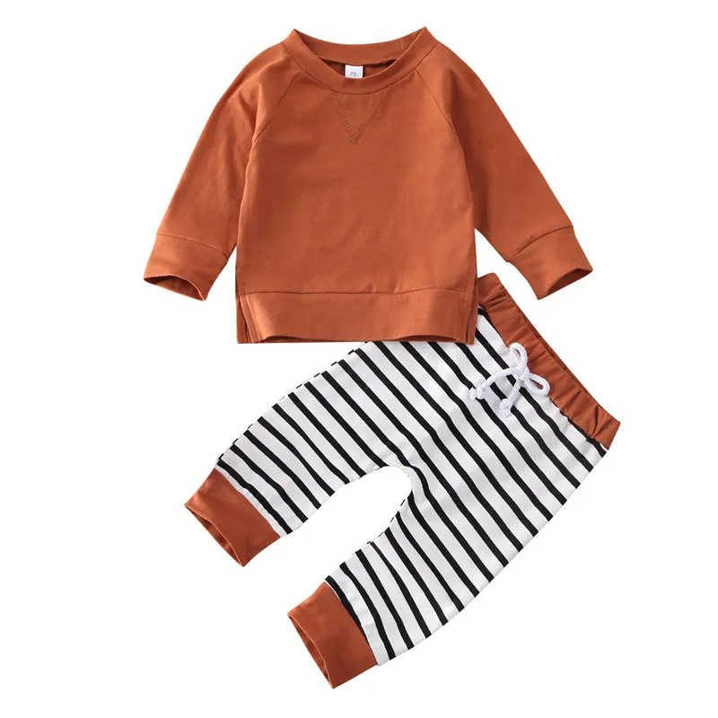 Stripe Brown Одежда для новорожденных мальчиков и девочек от 0 до 24 месяцев однотонная цветная Пижама пижамный комплект, хлопковая одежда для сна Милая одежда для сна домашняя одежда - Цвет: Stripe Brown