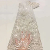 sinya latest white handmade beaded lace fabric high quality african lace fabric for bridal crystal sequins french net lace