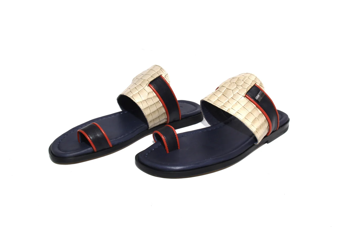 Шлепанцы из натуральной кожи с мягкой подошвой бежевые темно-синие | Обувь