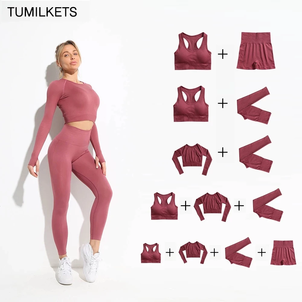 Women's Fitness Workout Wear Seamless Yoga Gym High Waist Leggings Set Sports Bra Shorts 2/3/4 Piece Set of Women's Sportwears